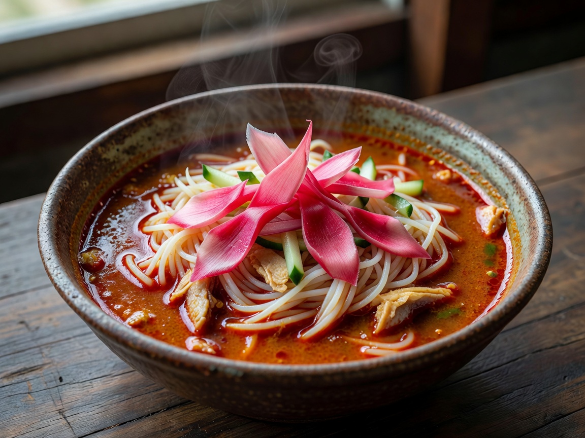 Penang-style asam laksa with fish broth, rice noodles and sliced torch ginger garnish