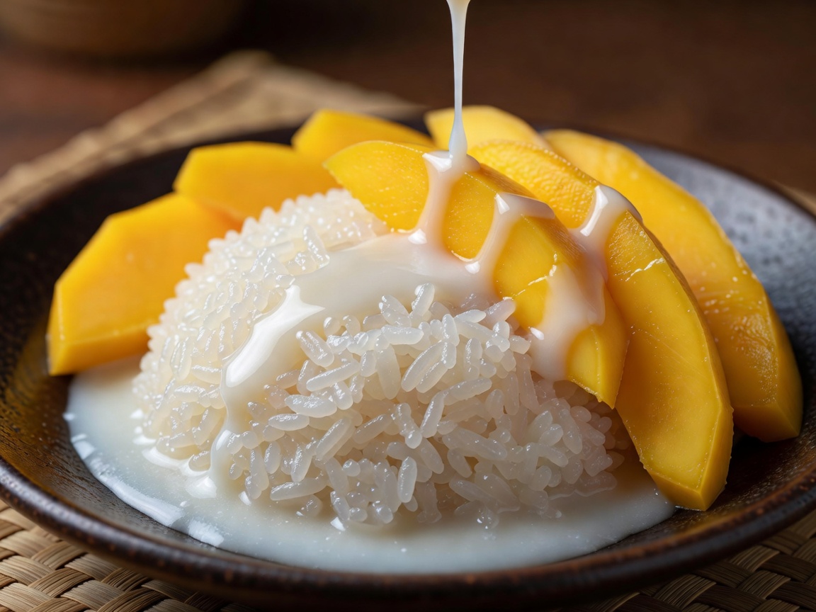 Thaimaalainen mango sticky rice, jossa on kypsiä mangoviipaleita ja kookaskastiketta tahmean riisin päällä