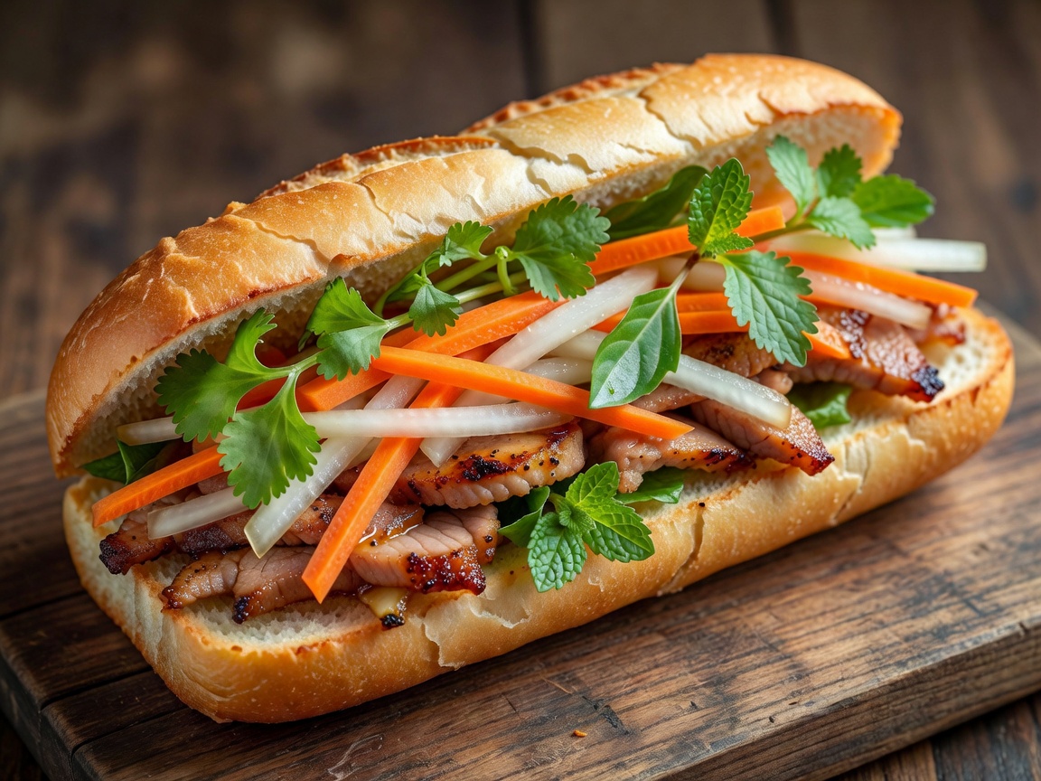 Vietnamese bánh mì sandwich showing pickled vegetables, fresh herbs and savoury filling in a split bread roll