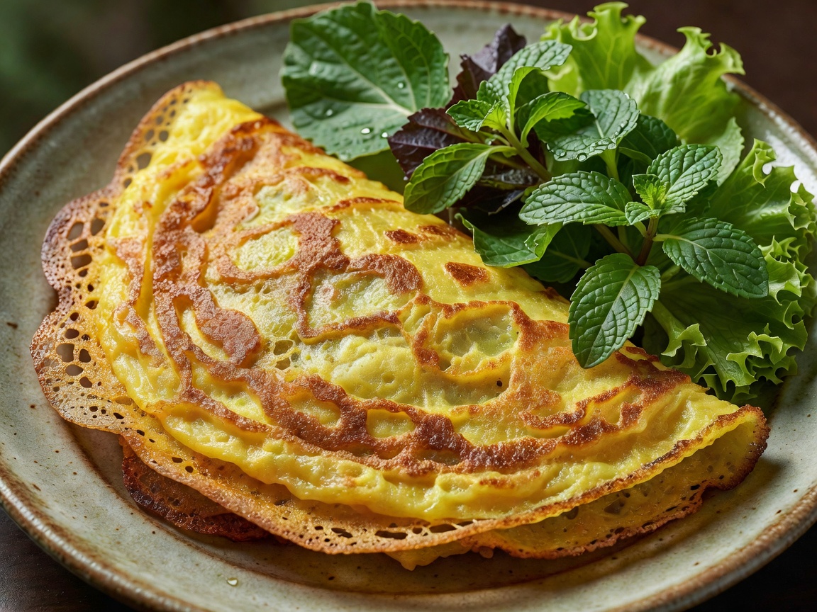 Vietnamese bánh xèo with a thin golden edge served beside fresh herbs and lettuce